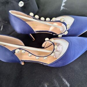 Chic Blue Pearl-Adorned Women's Heels